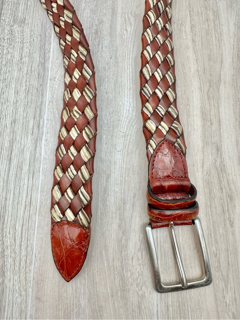 VTG Novia Brown Italian Leather Braided Belt Mixed w/ Natural Fiber Weave Sz 36